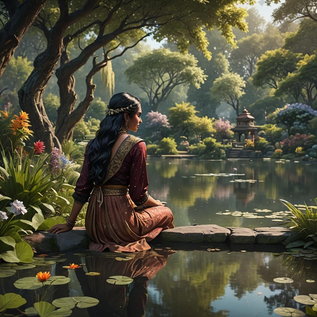 Indian Girl in Garden by Lake: Fantasy Art