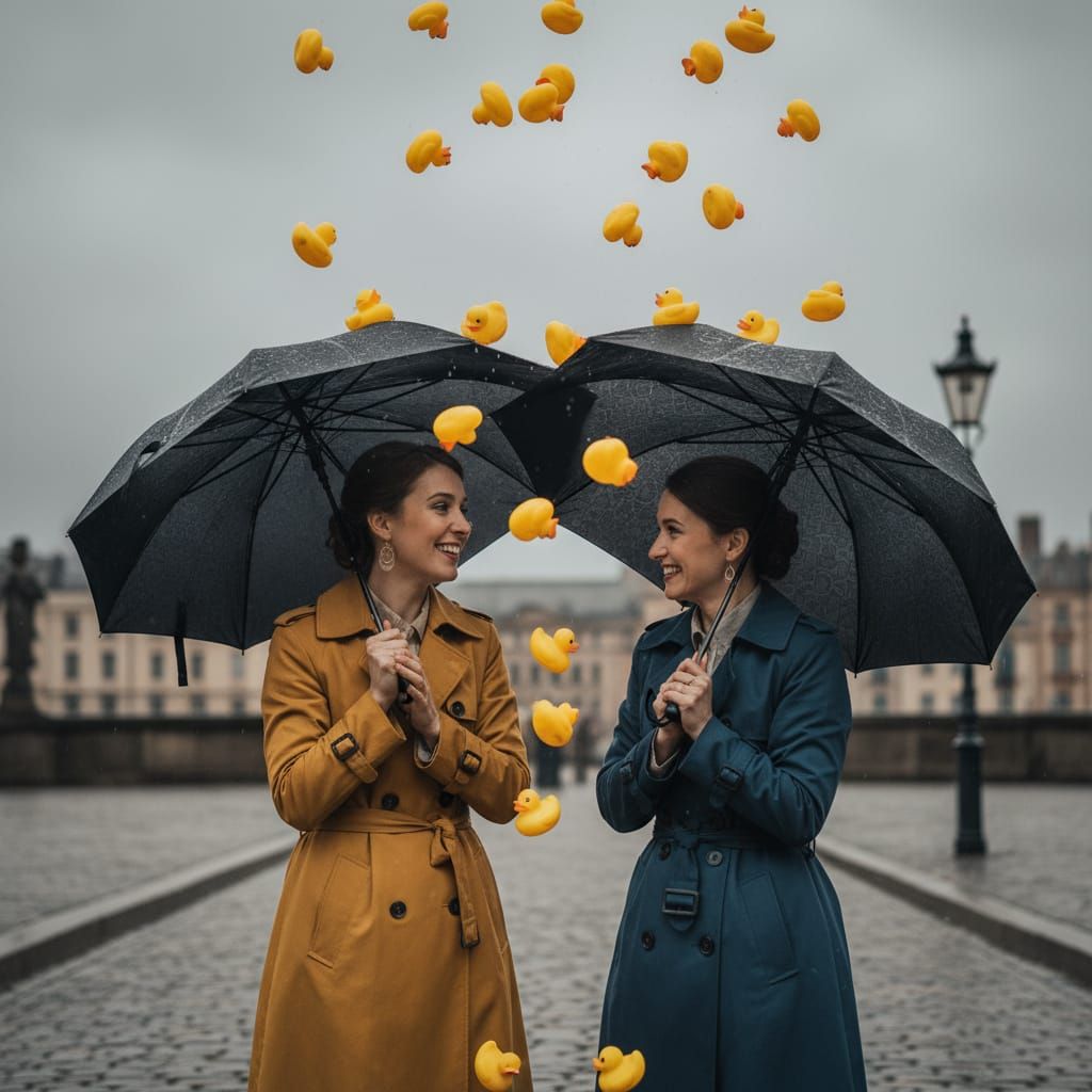 Joyful Women Smiling in Duck Shower Street Photography