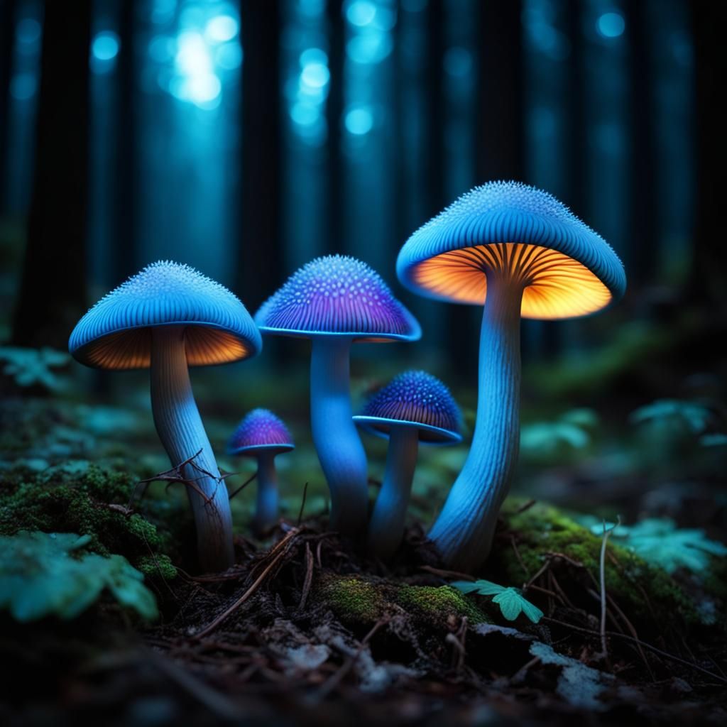 Luminescent Rainbow Mushrooms in Dark Forest