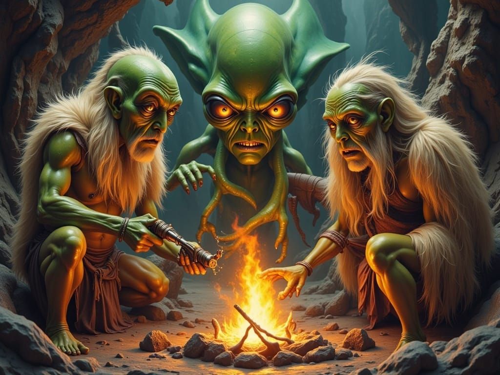 Alien Teaches Cavemen Fire Lighting
