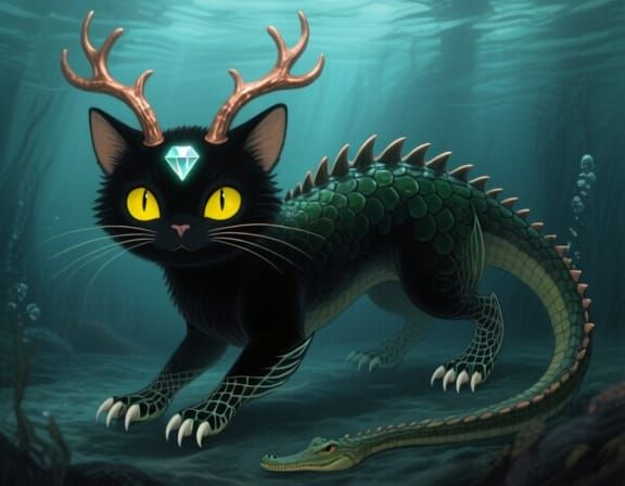 Adorable Aquatic Feline with Antlers and Diamond
