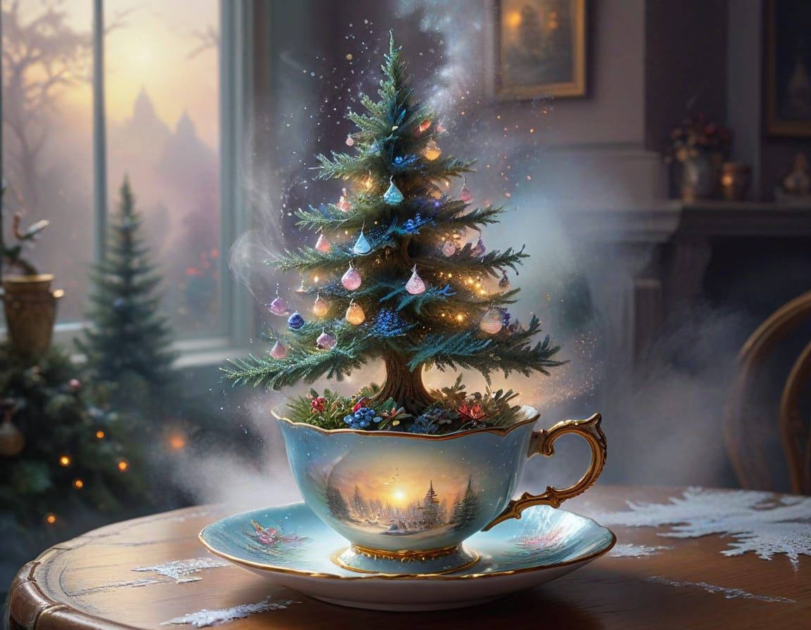 Christmas Tree Grows From Teacup In Ethereal Fantasy Style