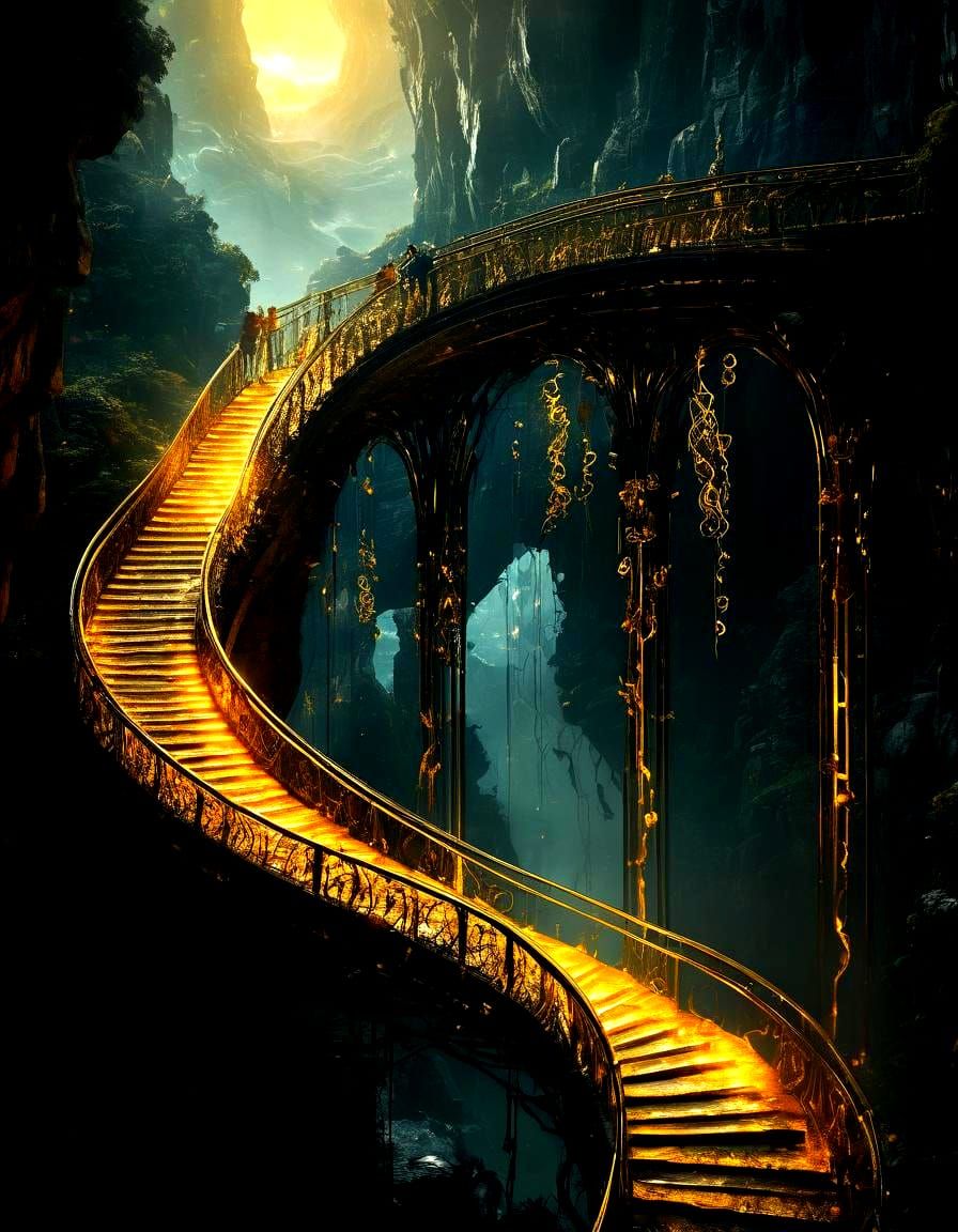 Surreal Solarpunk Bridge Illuminated by Brilliant Gold Light...