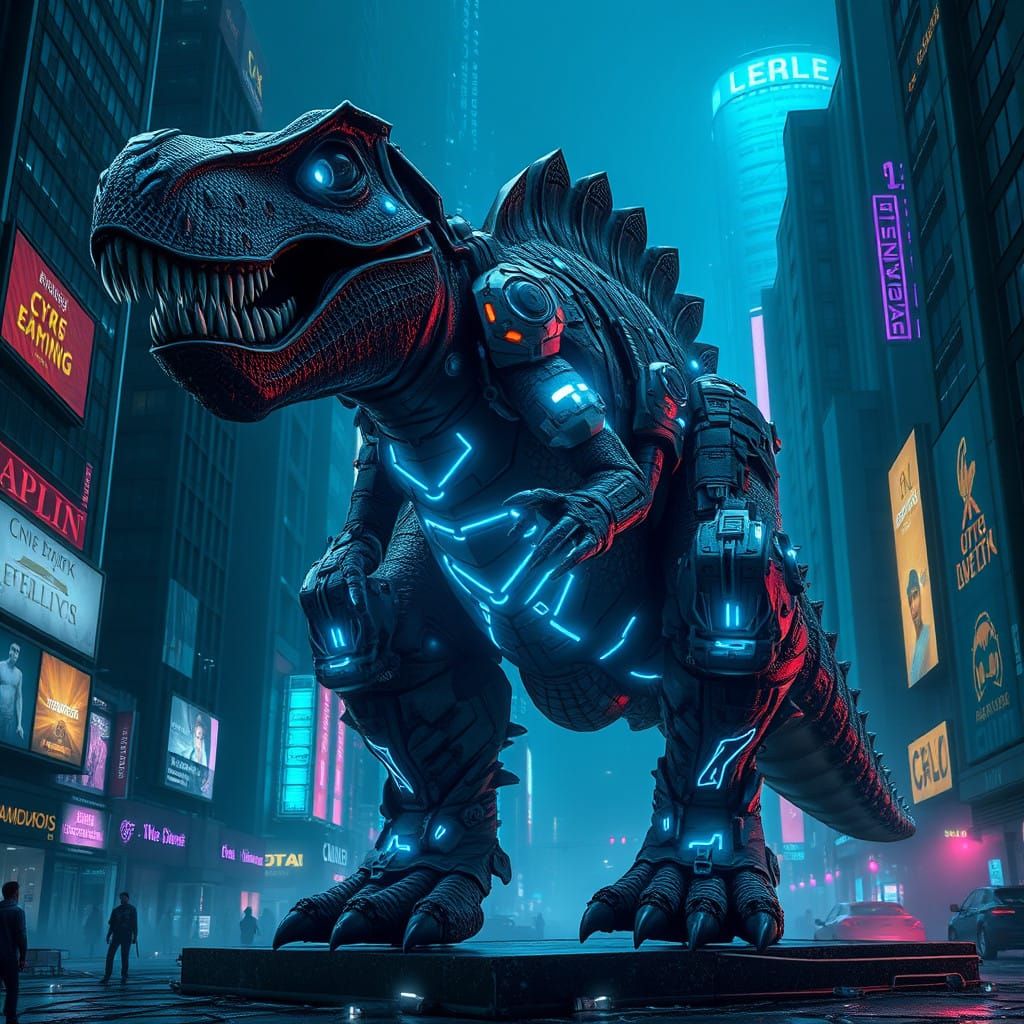 Cyberpunk T-Rex Dominates Gritty Cityscape in Neon Glory