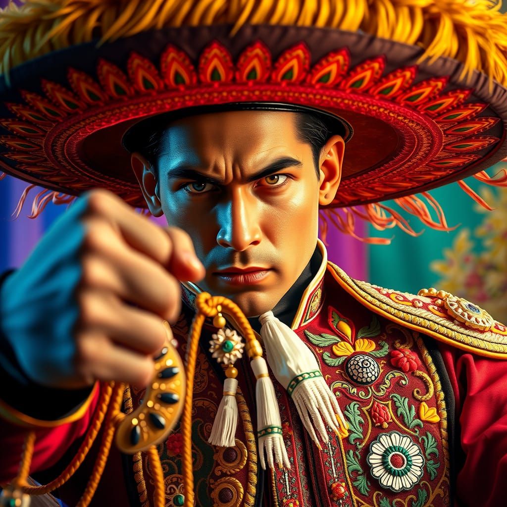 Mexican Charro Bullfighter in Vibrant Traditional Attire