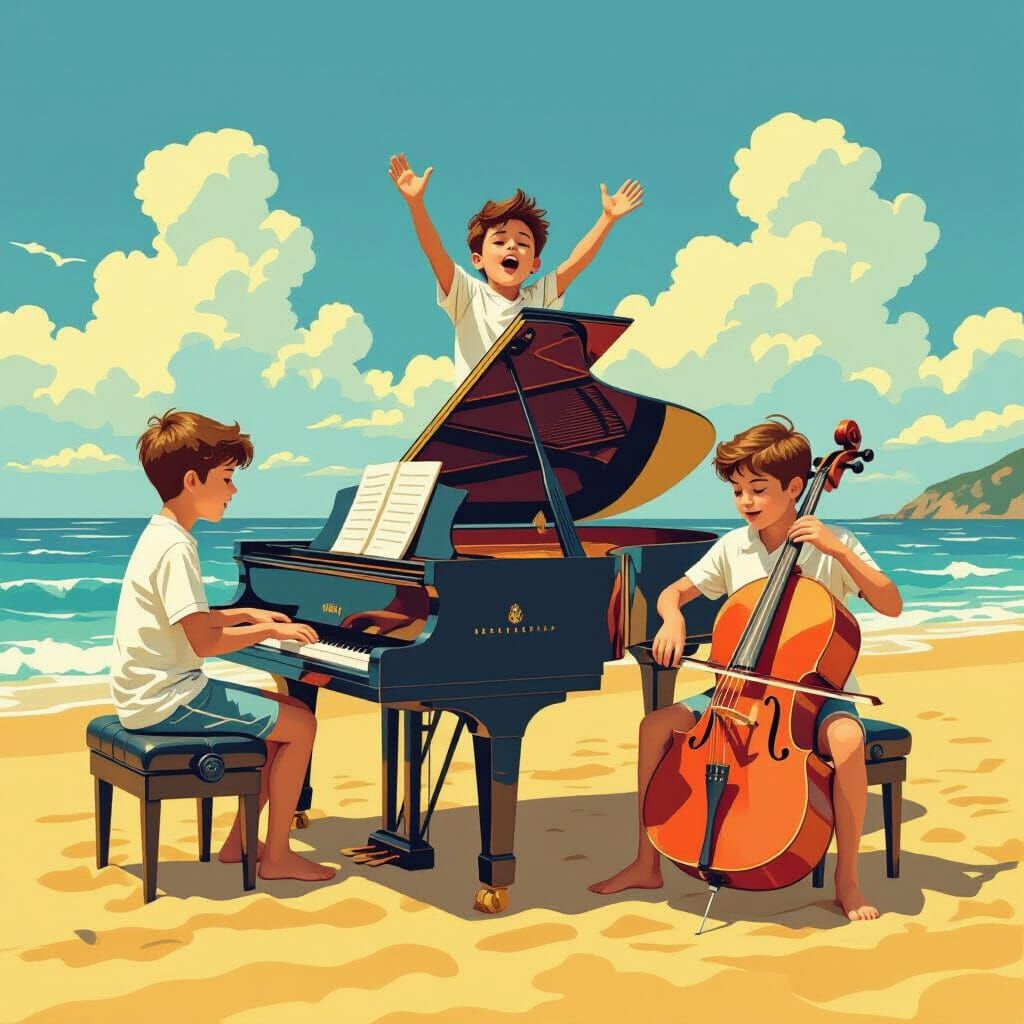 Boys' Beach Serenade in Dreamy Art Style