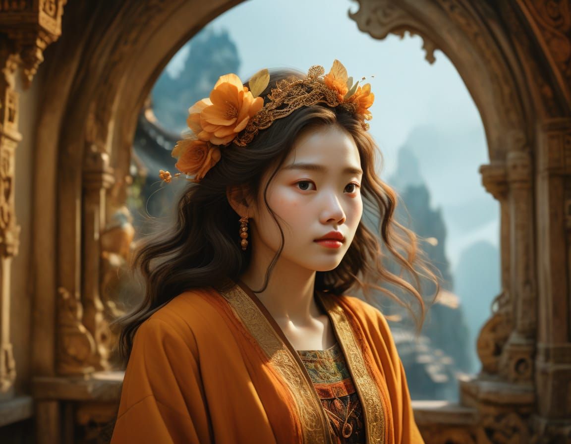 Woman Lost in Nostalgic Reverie, Golden Lighting, Filigree P...