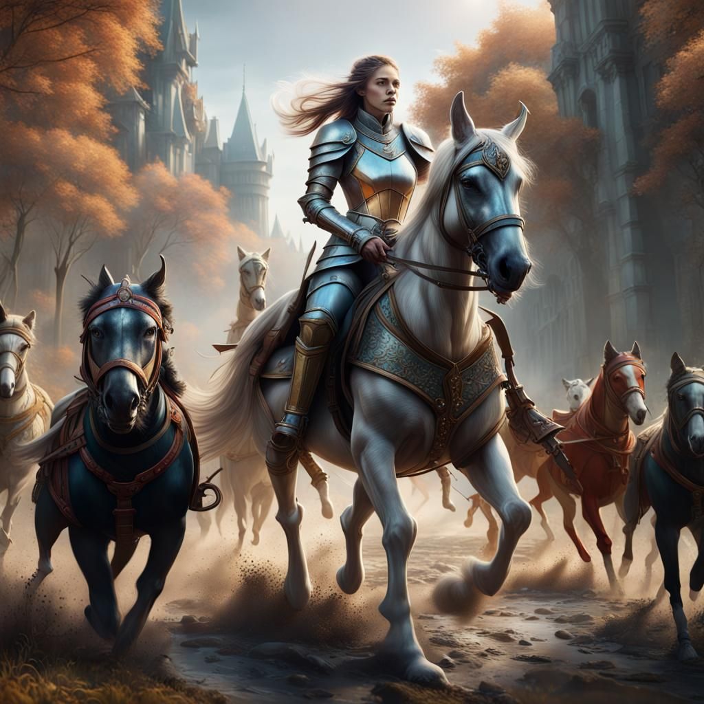 Female Knight on Horseback, Detailed Fantasy Art