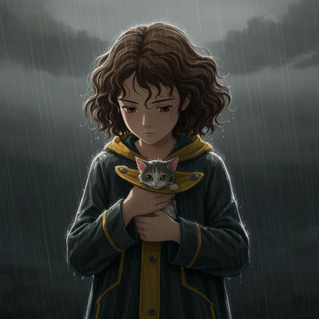 Girl Sheltering Kitten in Rain, Studio Ghibli Style