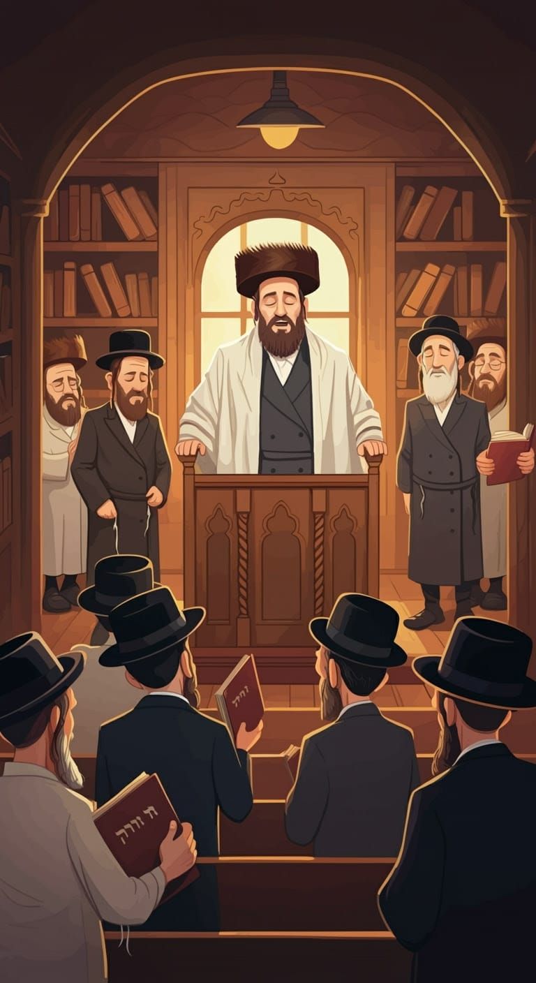 Hasidic Cantor in Shtiebel, Cartoon Style Illustration