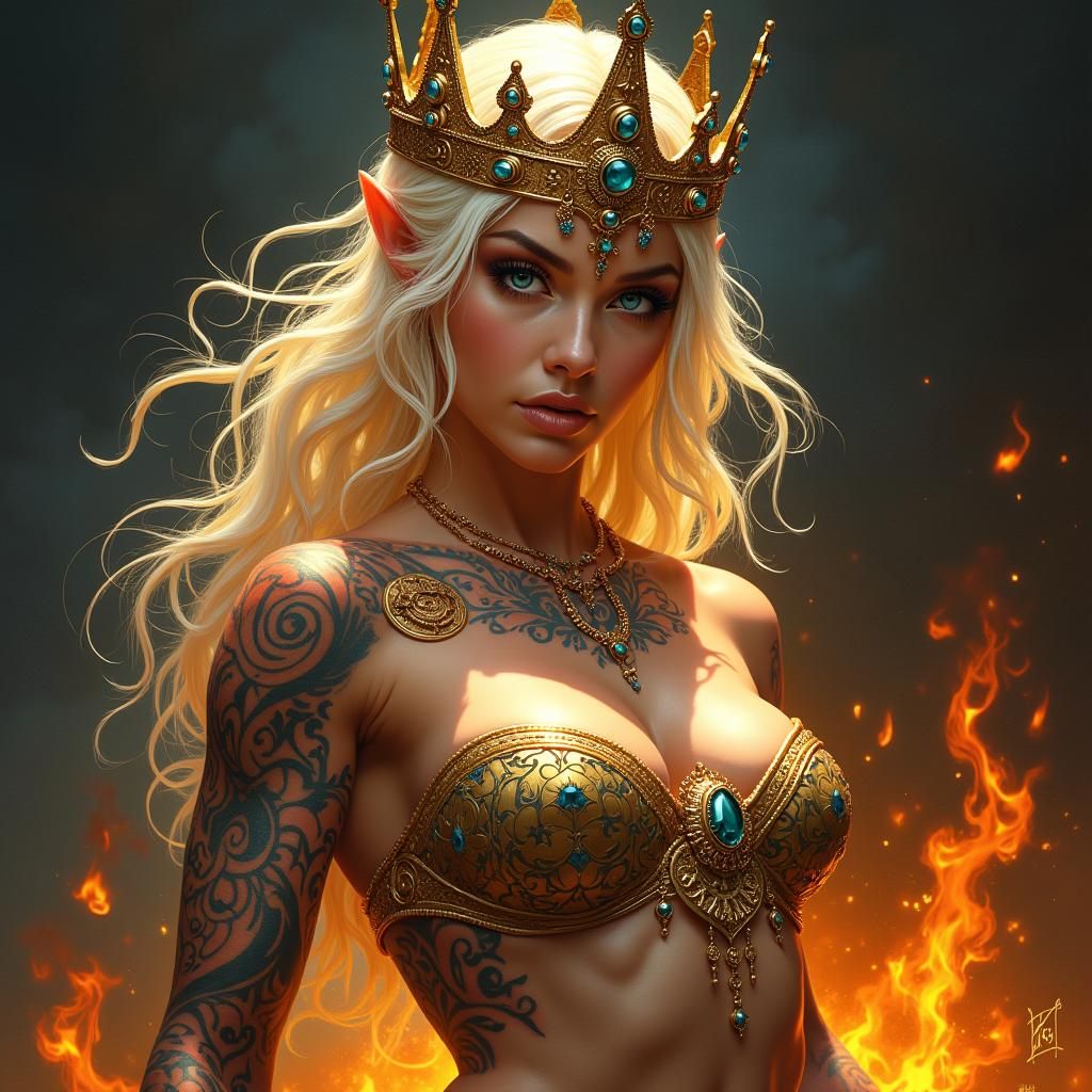 Majestic Tattooed Goddess Surrounded by Flames