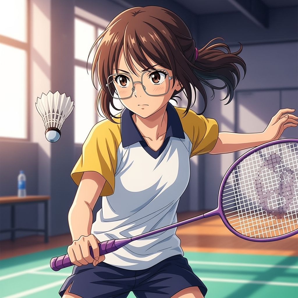 Intense Badminton Player in Anime Style