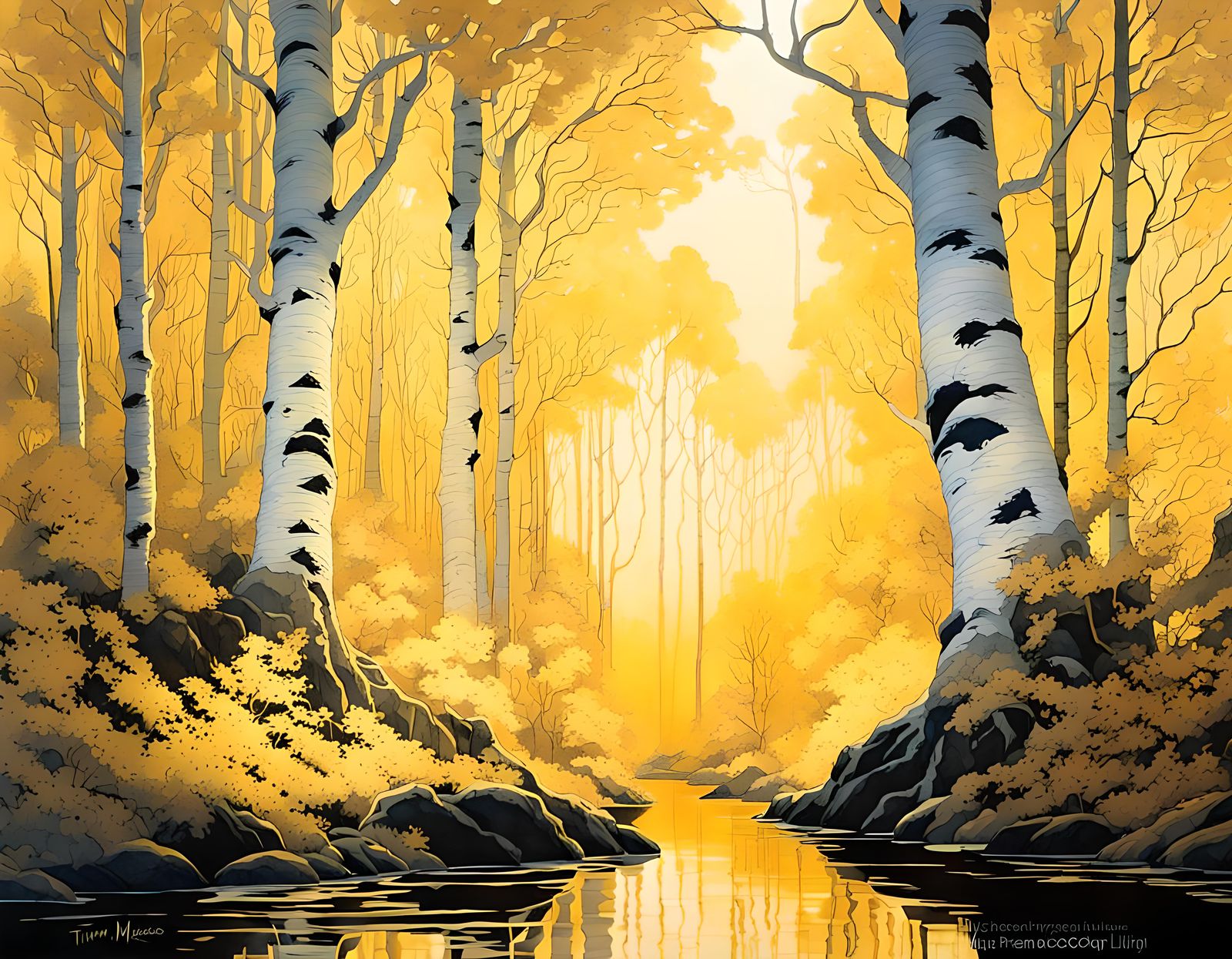 Golden Mystical Birch Forest in Kirigami Style