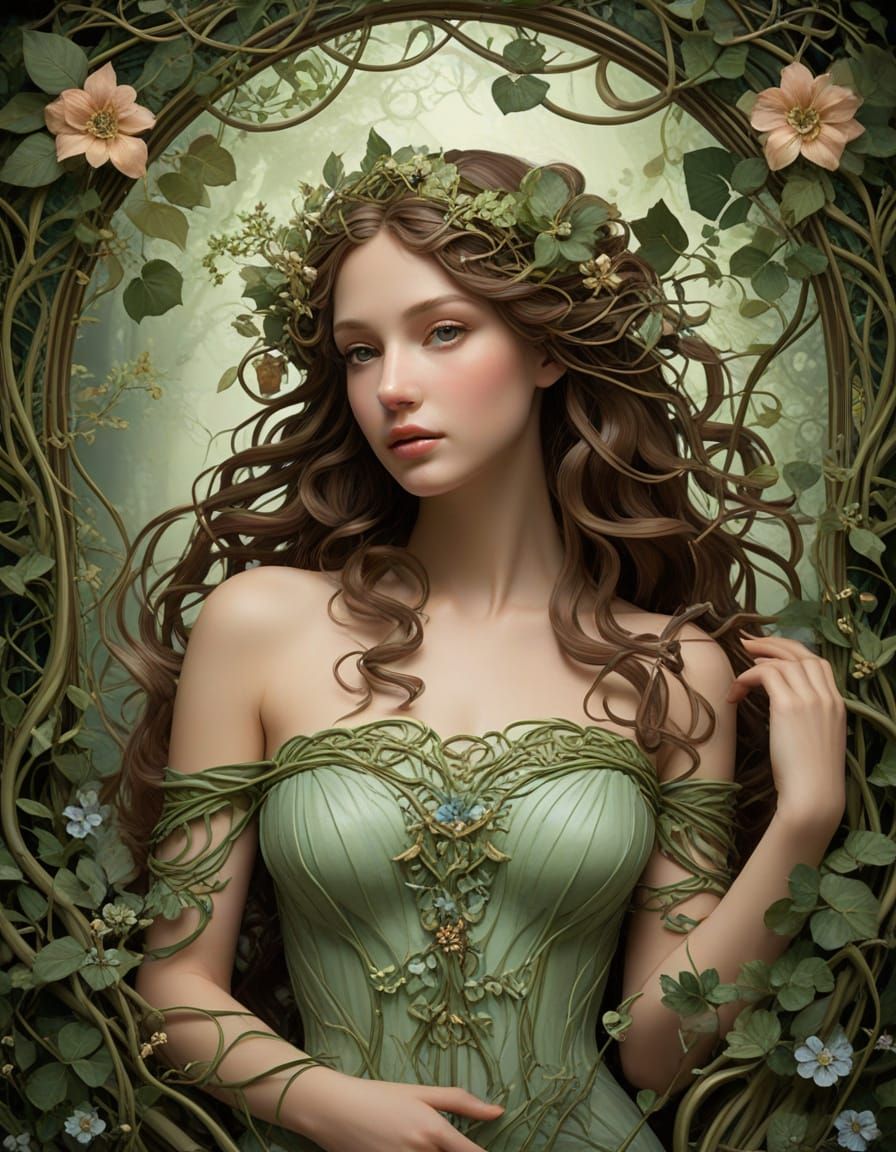 Art Nouveau Forest Nymph Portrait with Floral Design