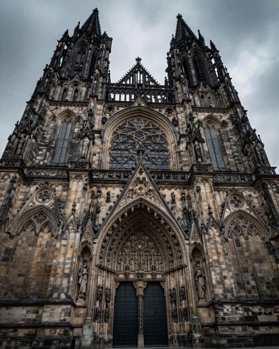 Massive Medieval Gothic Palace Gates Under Moody Sky