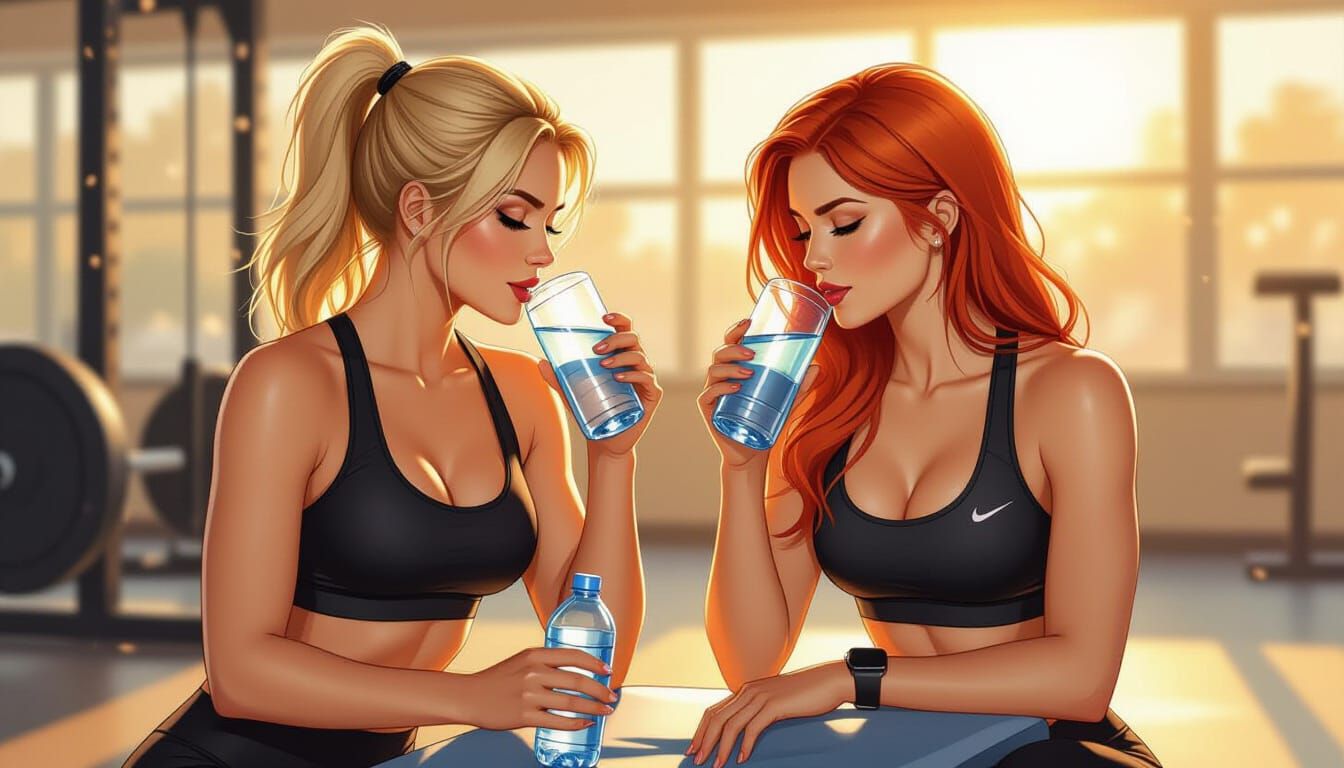 Athletic Women Relax After Gym Session in Comic Style