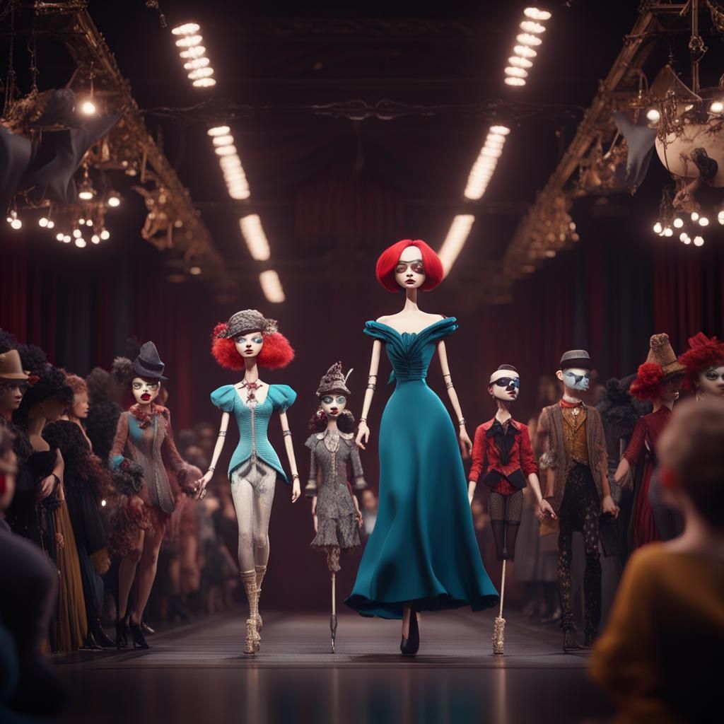 A marionette fashion show with stylish puppets strutting down the runway