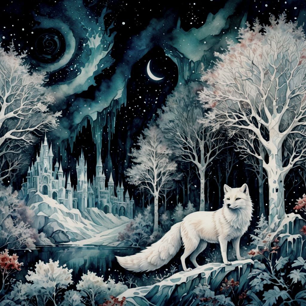 Polar Fox and Ice Castle in Watercolor Comic Art