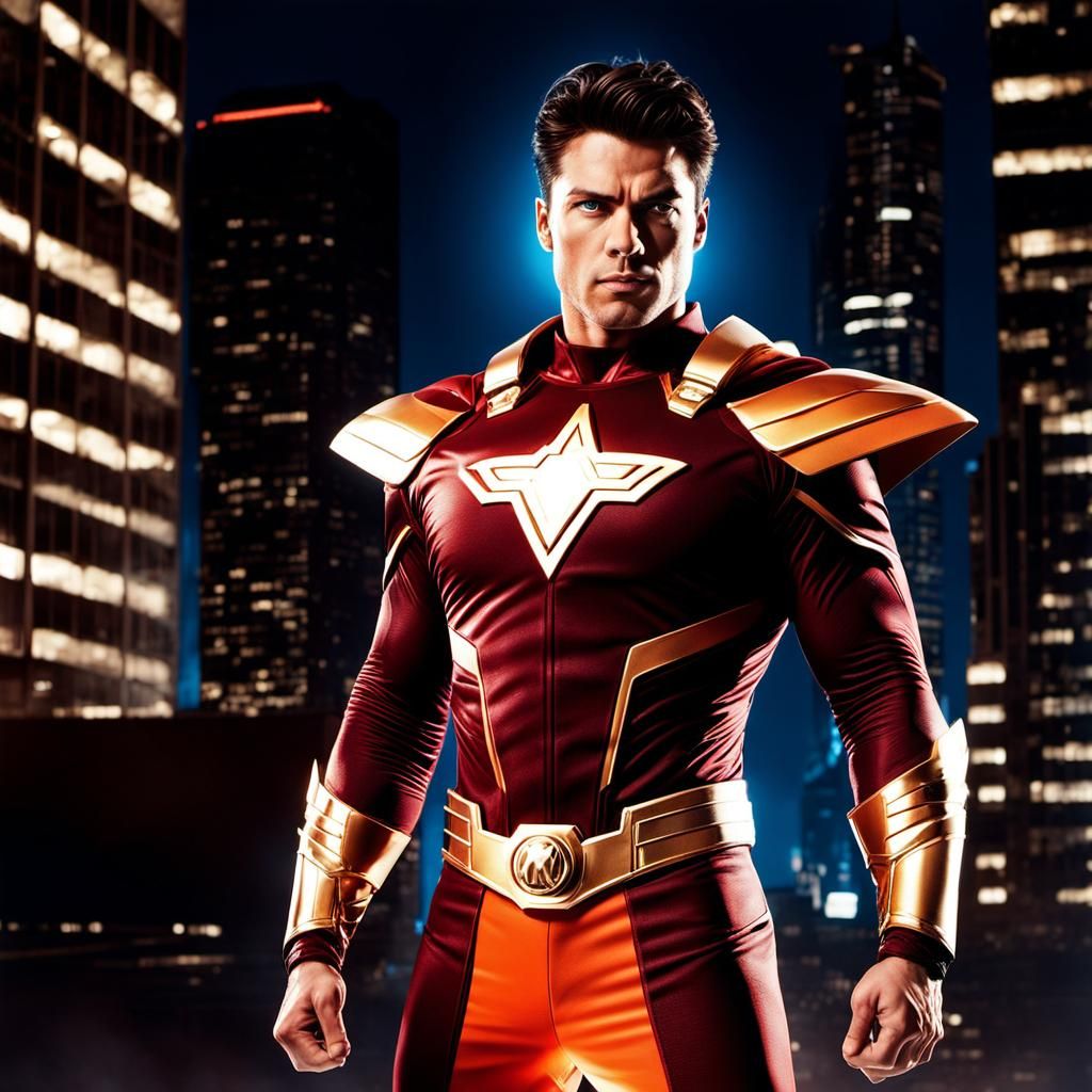 Muscular Superhero in a Futuristic Cityscape Comic