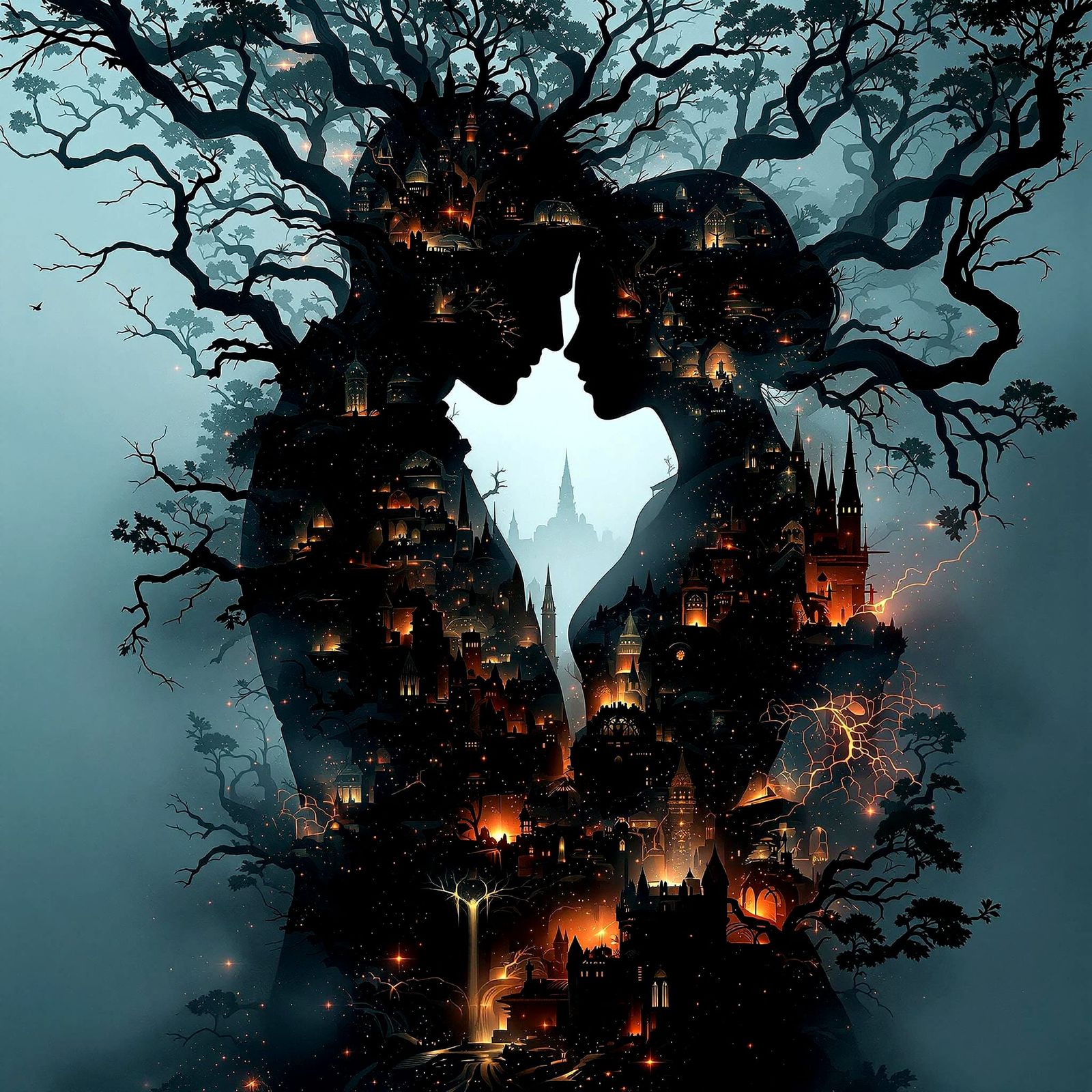 Couple's Silhouette: Forest and City Split