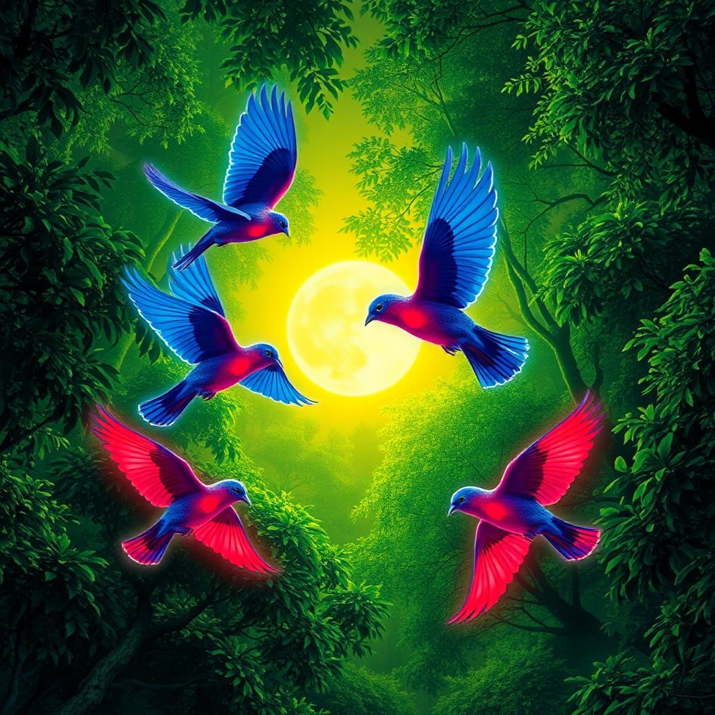 Fluorescent Birds in Glowing Forest: Airbrush Art