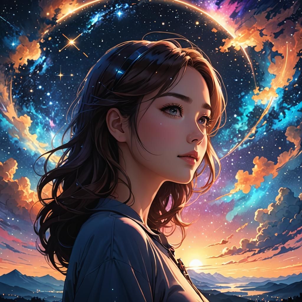 Cosmic Portrait: Glowing Woman in Magical Night