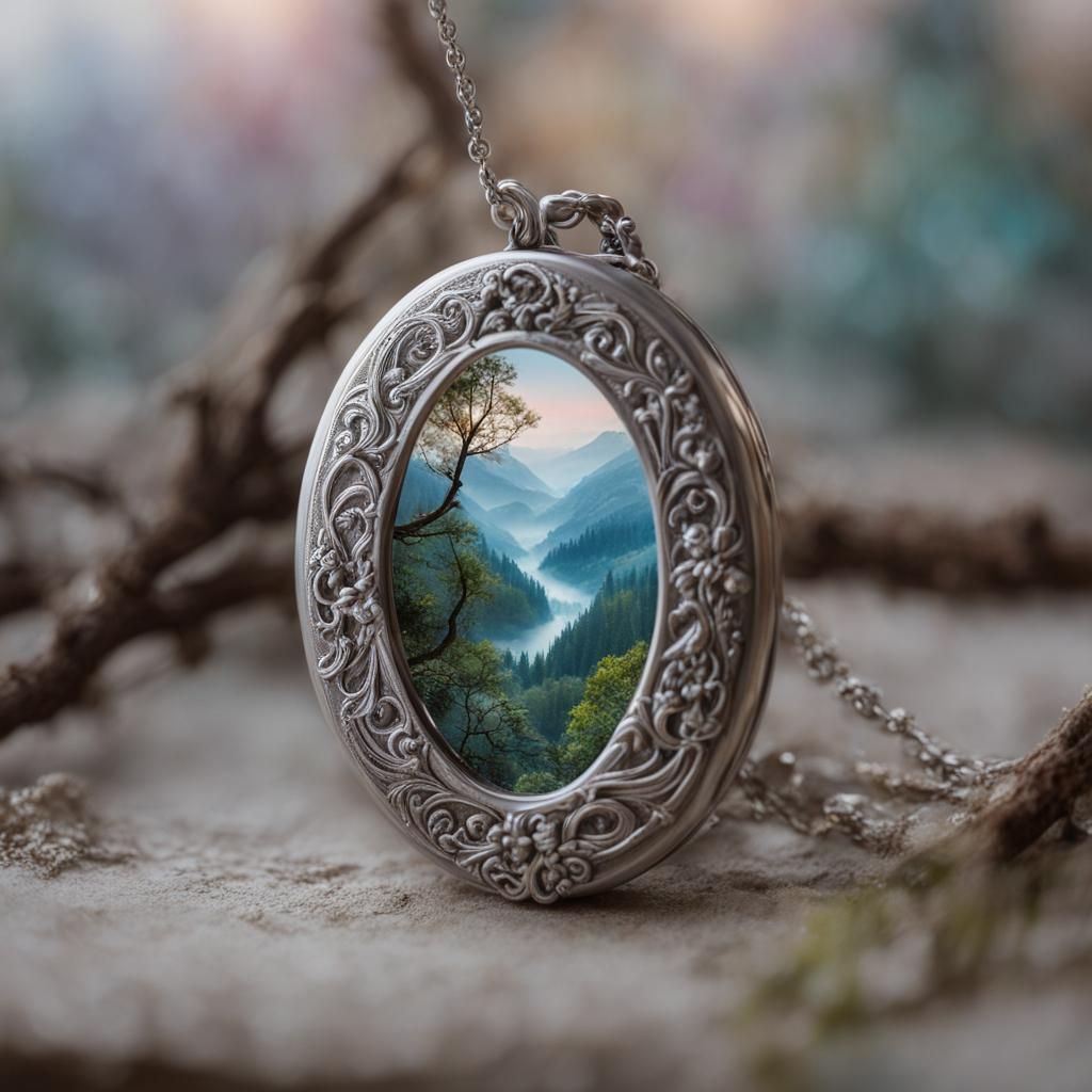 Silver Locket with Miniature Bard Scene, Macro Photograph