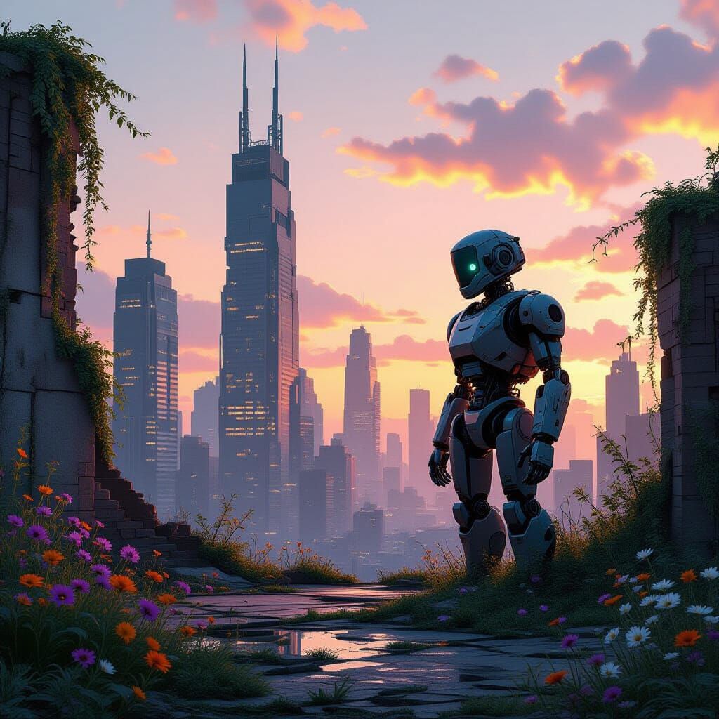 Weathered Robot in Overgrown City Ruins