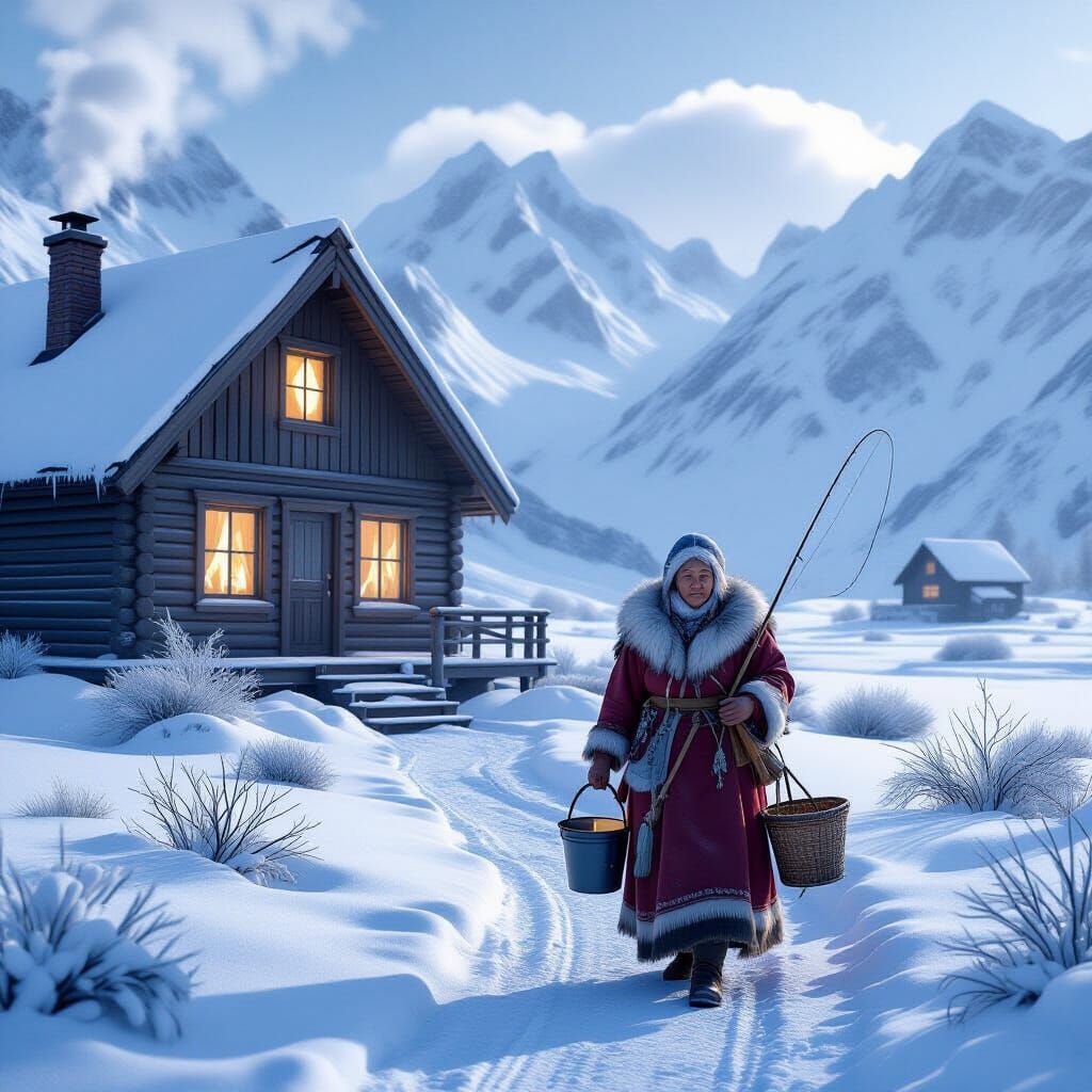 Alaskan Cabin Scene with Inuit Woman, 3D Render