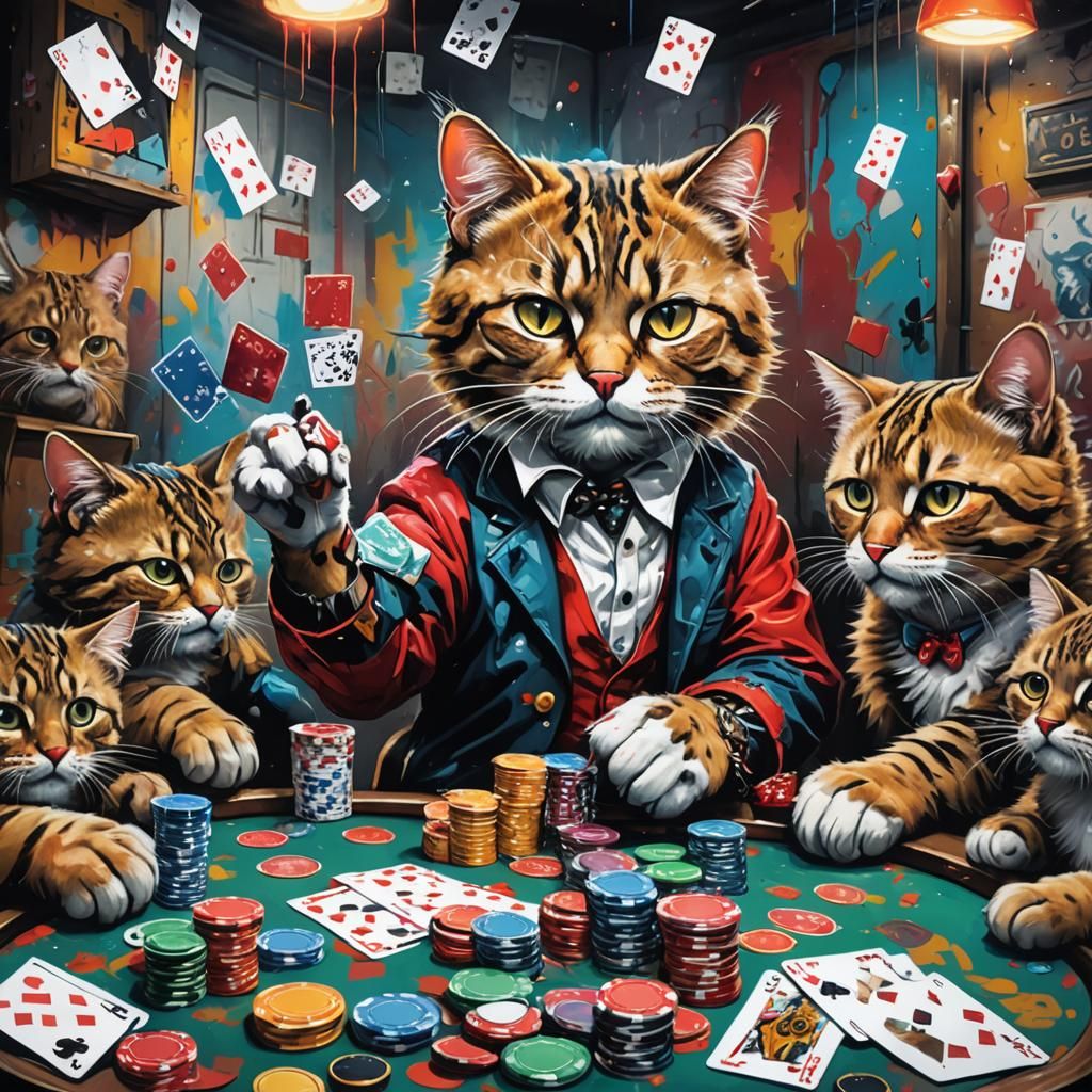 Cat Playing Poker in Graffiti Art Style