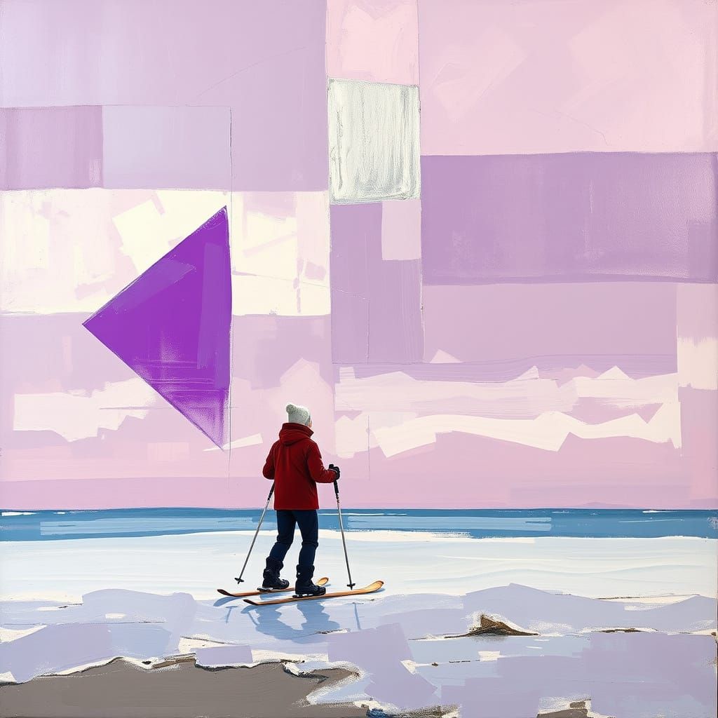 Skier on Windswept Beach in Abstract Expressionist Style