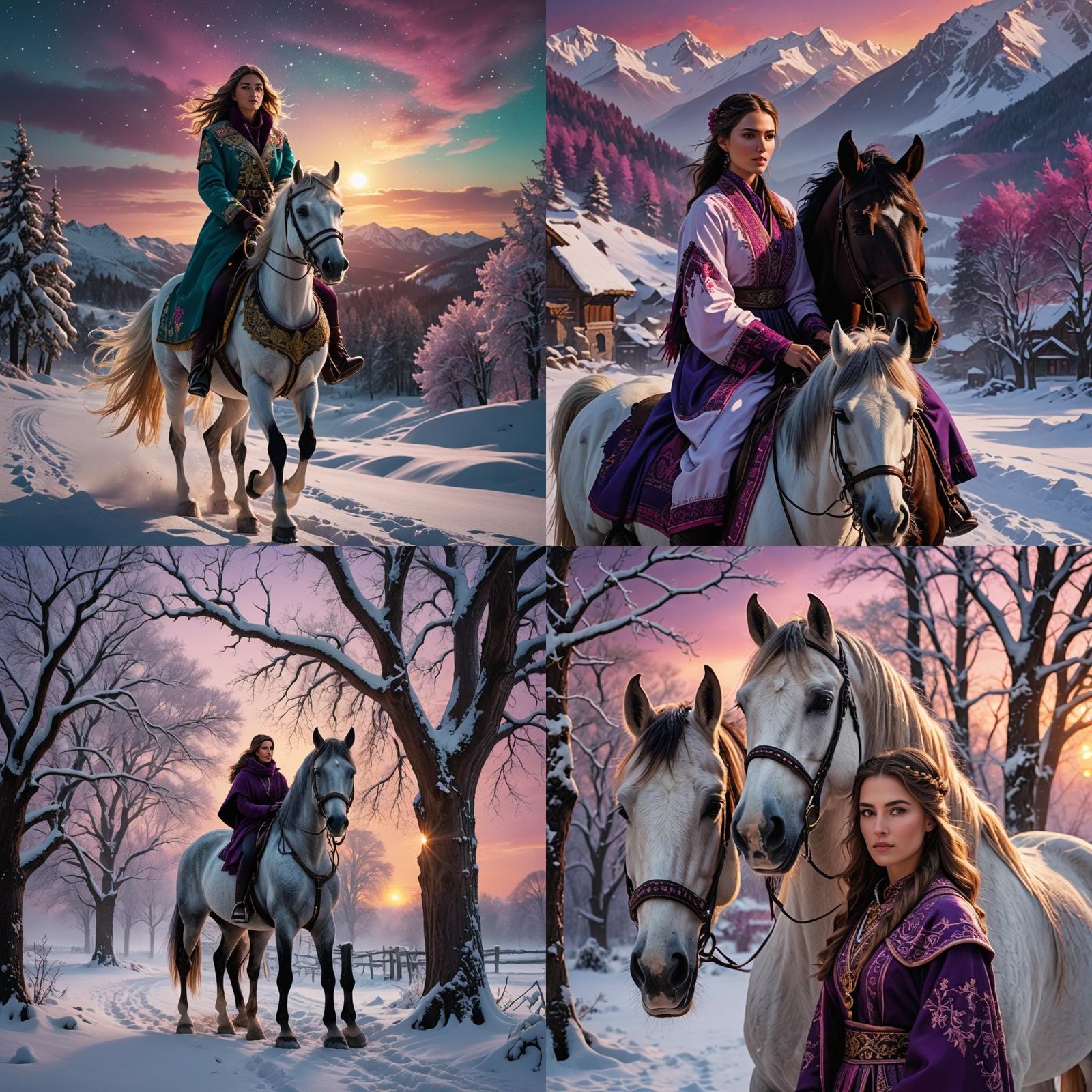 Serbian Girl and Horse in Snowy Sunset