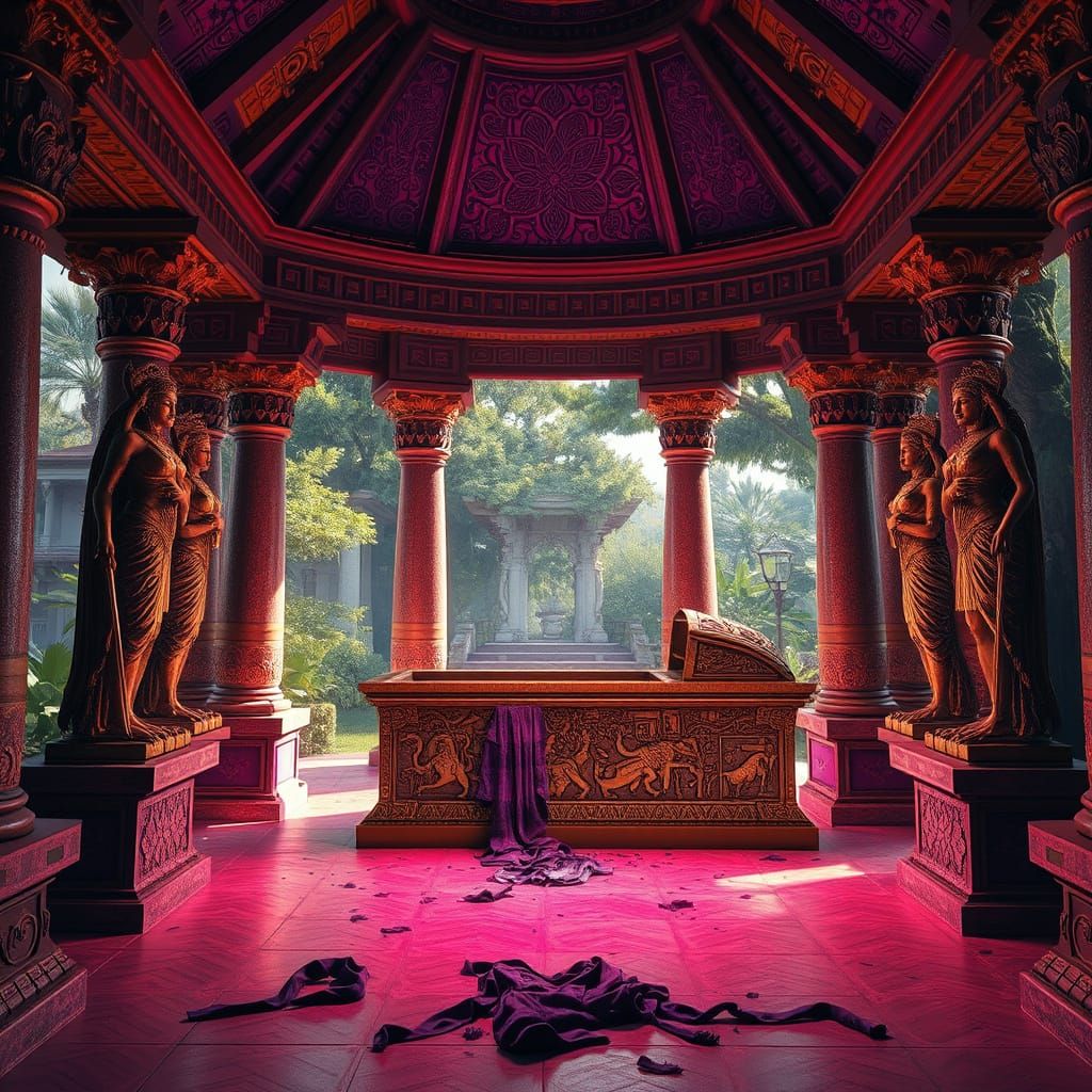 Ornate Sarcophagus in Garden Pavilion, Hyperrealistic Render...