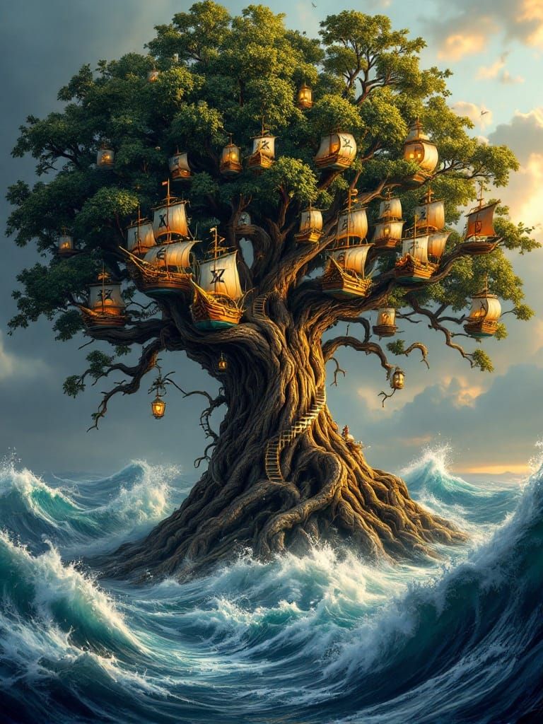 Treehouse Village with Pirate Ships in a Stormy Sea