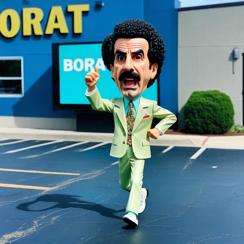 Borat running in a parking lot