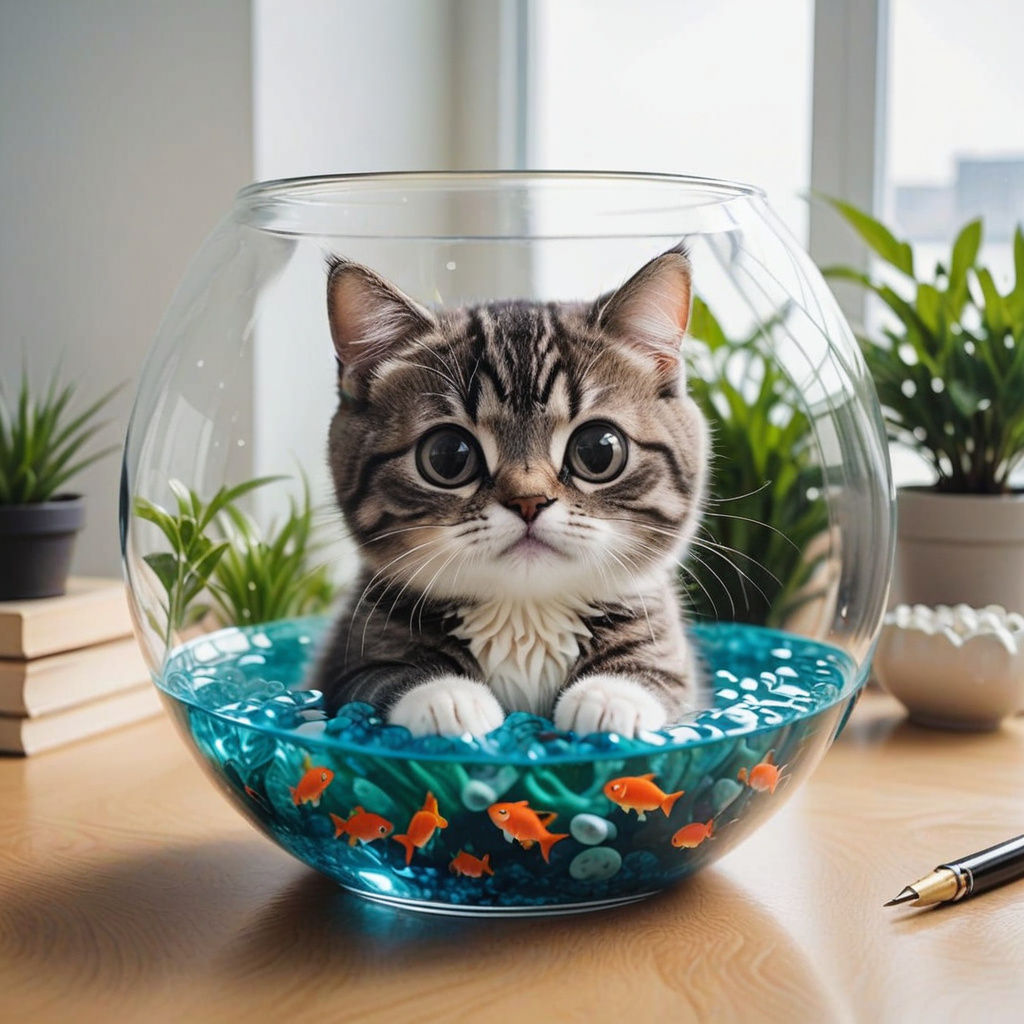 Adorable Kawaii Cat in a Colorful Fishbowl