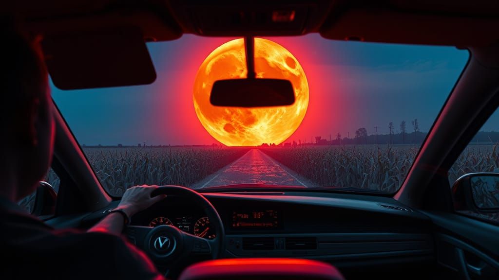 Cyberpunk Iowa Harvest Moon View from Car