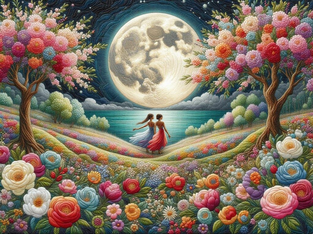 Ethereal Dancers Illuminated by Moonlight Embroidery