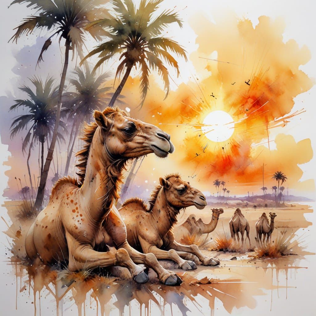 Savanna Sunset with Silhouetted Palm Trees and Camels