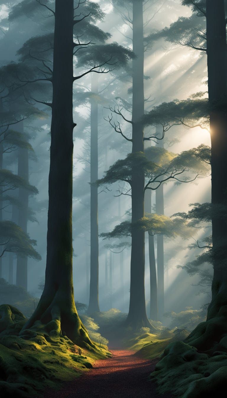 Serenene Forest Dawn in Vibrant Digital Art