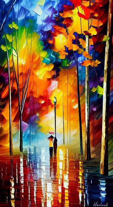 Autumn Nighttime Alley Scene in Neo-Impressionist Style