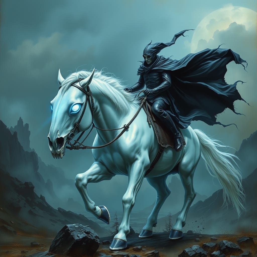 Dark Fantasy Rider on a Majestic Skeletal Horse
