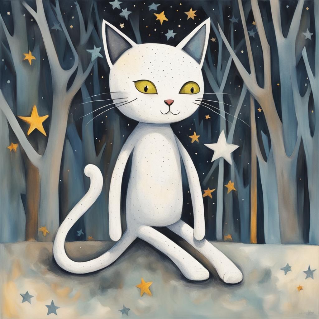 Starry Plush Cat Toy Walks in Forest: Abstract Art