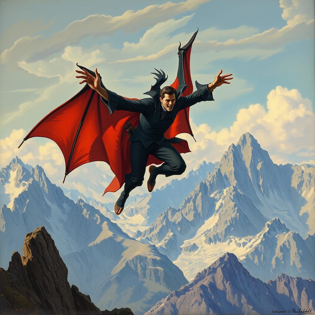 Mighty Vampire Soars Over Swiss Alps in Vrubel Cezanne Style