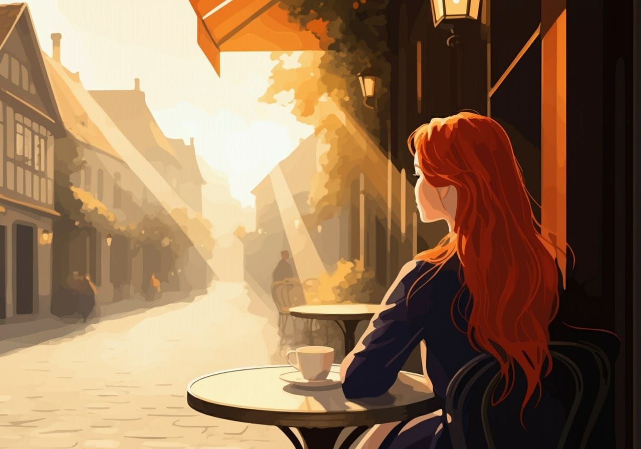 Elegant Woman at Cafe: Sumi-e Ink and Watercolor