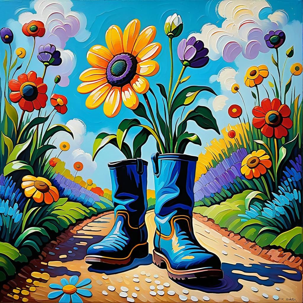 happy anthropomorphic flower walking in boots neo-impressionism expressionist style oil painting, smooth post-impression...