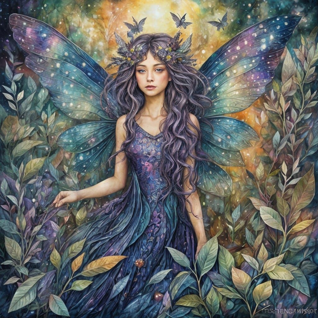 Iridescent Fairy in Deep Color Watercolor Fantasy Art