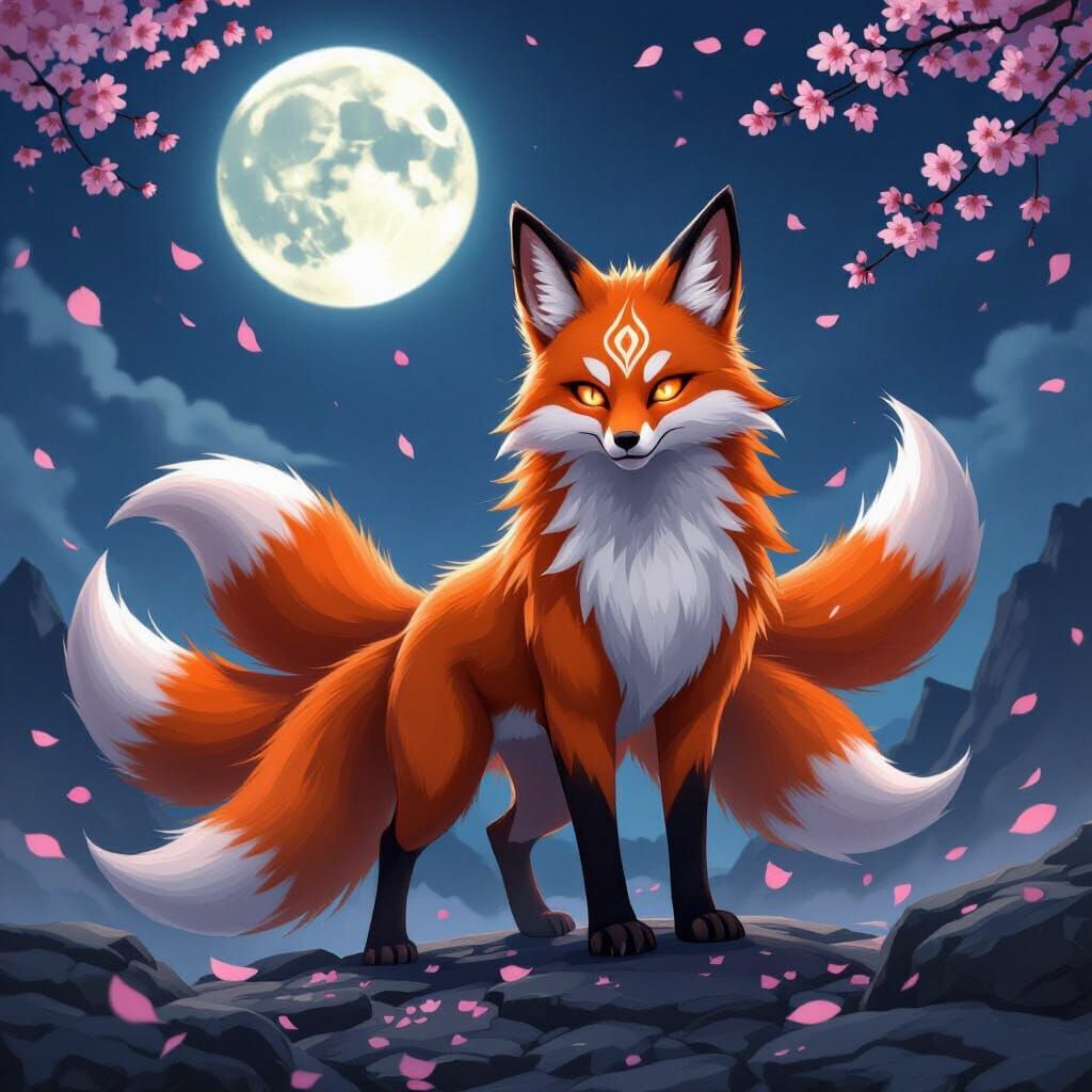 Anime Kitsune Fox with Glowing Markings Under Moon