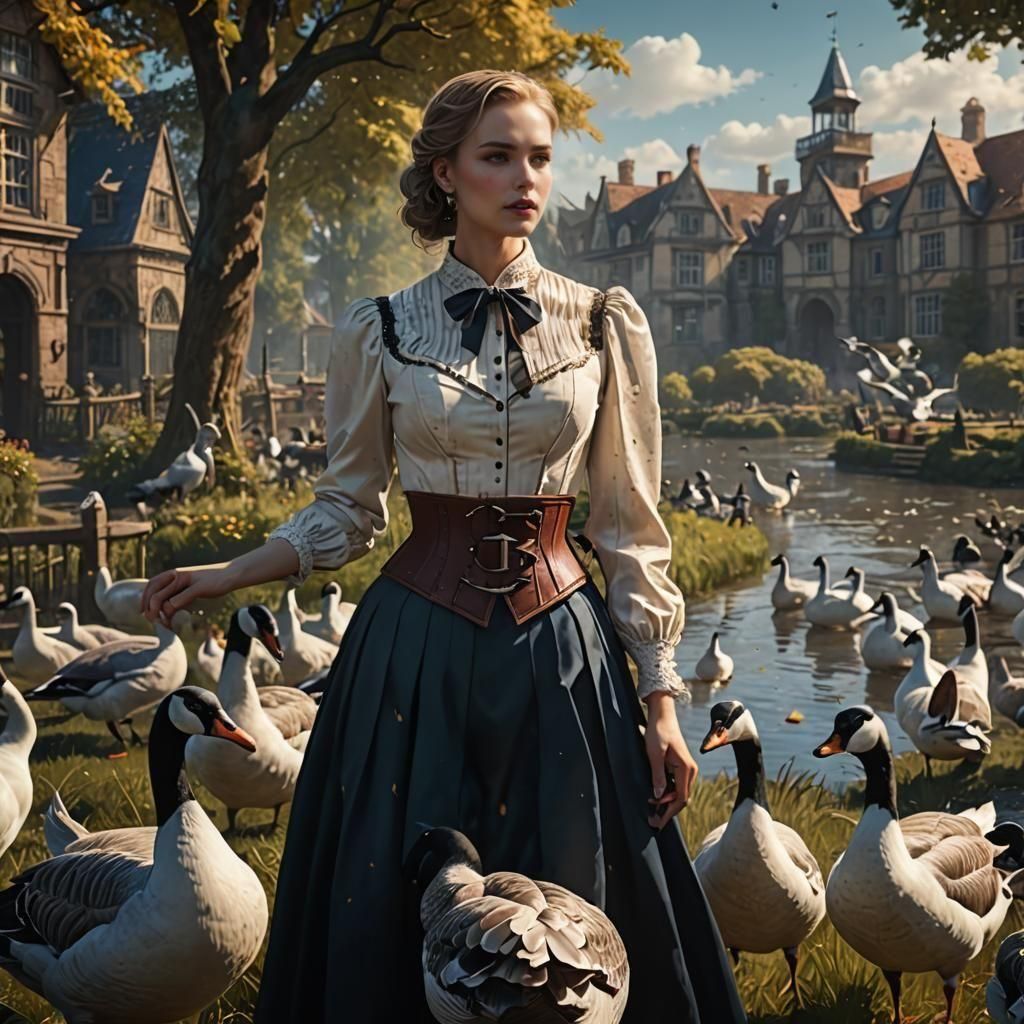 Fantasy Woman Feeding Geese: Detailed Matte Painting