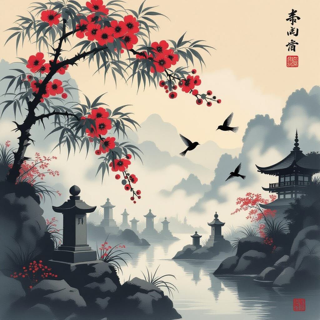 Sparrows Tempted by Berries in Misty Graveyard: Ukiyo-e Styl...